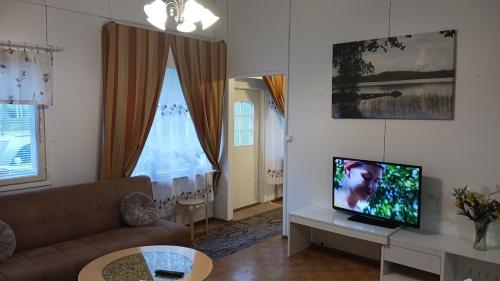 a living room with a couch and a tv at Kaksio oma piha ja autoparkki in Savonlinna