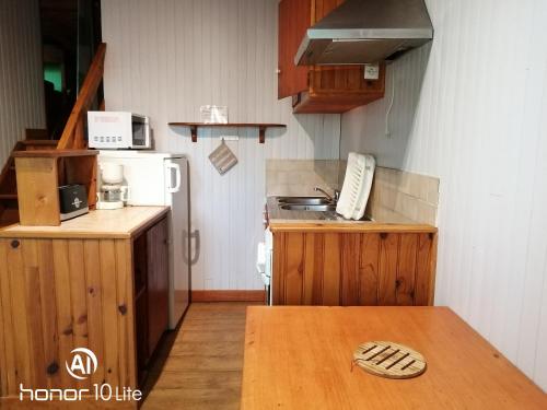 eine kleine Küche mit Spüle und Kühlschrank in der Unterkunft Les chalets au bord de l'étang de Malleteix in Champagnat