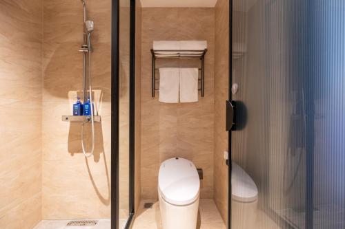 a bathroom with a shower with a toilet and a sink at Hanting Hotel Beijing Garden Expo Park in Beijing