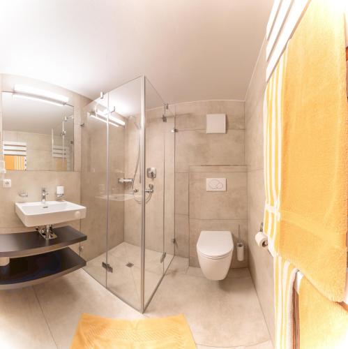 a bathroom with a shower and a toilet and a sink at Haus Montana in Damuls