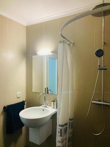 a bathroom with a sink and a shower at AdaBibas in Vermelho