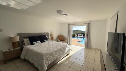a bedroom with a bed and a tv and a pool at Family Beach House with an Amazing Ocean View in Naguabo