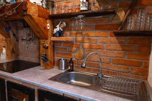 a kitchen with a sink and a brick wall at AMA house in Alba Iulia