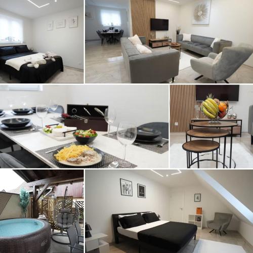 a collage of photos of a living room and a living room at Les suites du lion in Rosheim
