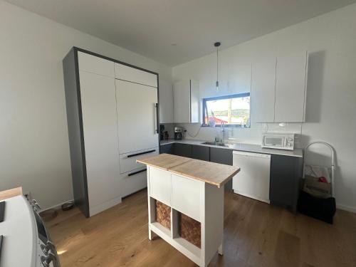 蒙特贝罗Le Refuge de la Rivière Proche du Parc Omega的厨房配有白色橱柜和白色冰箱