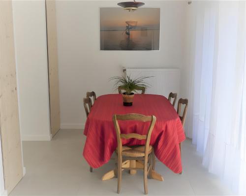 ein Tisch mit einer roten Tischdecke und einer Pflanze darauf in der Unterkunft Au Fil Du Réguinier - Gîte Briançon in Forville