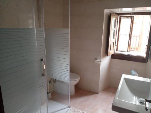 ein Badezimmer mit Toilette und Glasdusche in der Unterkunft Casa Rural Los Monteros in Espinosa de los Monteros