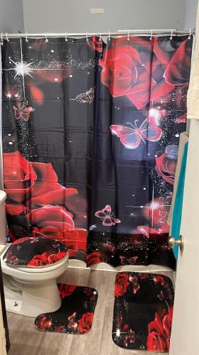 a bathroom with a shower curtain and a toilet at Stoners Sanctuary in Detroit