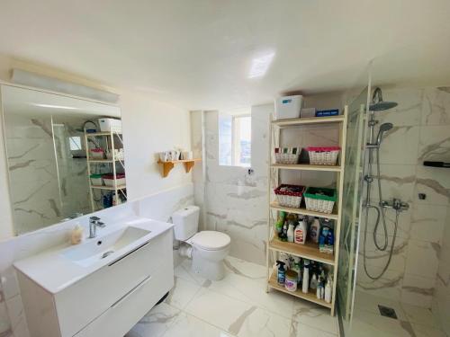 une salle de bain avec un lavabo, des toilettes et une douche dans l'établissement Athens Wonderful Garden, 3 Bedrooms and 60sqm Super Terrace, à Athènes