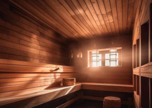 a wooden room with a sauna with a window at BOULEVARD NEST RESlDENCE in Tashkent
