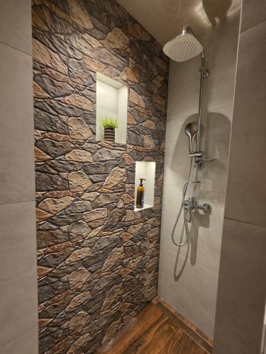 a stone wall in a bathroom with a shower at Rastoni Sea View Studio with Shared Pool in Melíssion