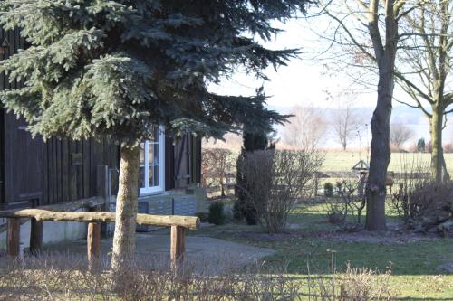 a wooden fence in front of a house with a tree at Ferienhaus Am See In Blankensee Groß Schönfeld in Blankensee