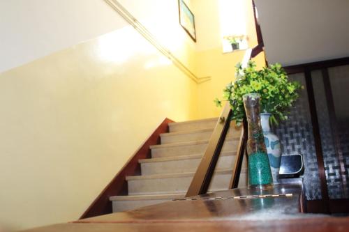 a staircase with a green vase sitting on a table with a vase at Residencial Pinho Verde in Mealhada