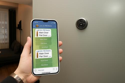 a person holding a cell phone in front of a door at Stylish smart studio in Tallinn