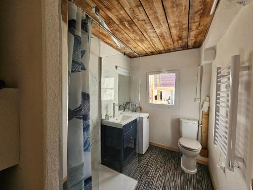 a bathroom with a sink and a toilet and a window at Le ptit clos in Les Combes