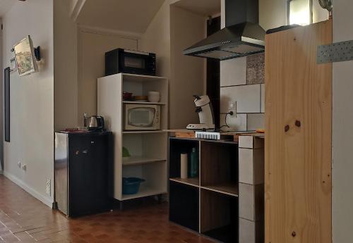 een keuken met een aanrecht en een magnetron bij Studio privé - maison de village in Valensole