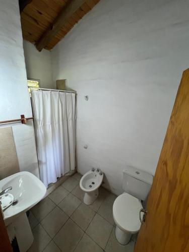 a white bathroom with a toilet and a sink at Reserva Ichacuna in Los Hornillos