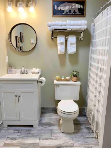 a bathroom with a toilet and a sink and a mirror at A113 Loon Mountain Studio Apartment with Pool and Hot Tub in Lincoln