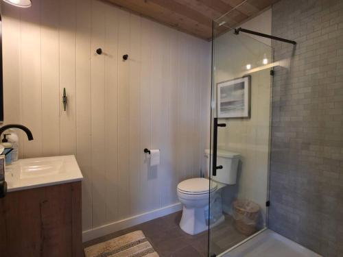 ein Badezimmer mit Toilette und Glasdusche in der Unterkunft Beachfront cabin, dock, water views in Point White