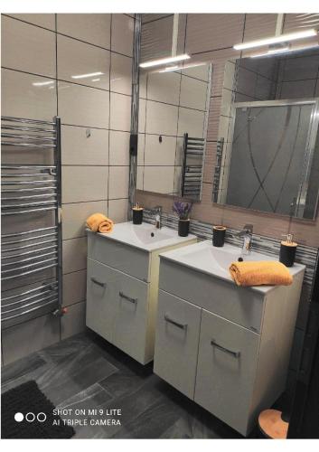 a bathroom with two sinks and a large mirror at BJ szállás in Zalaegerszeg