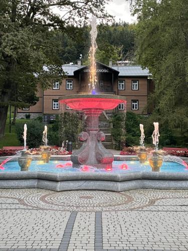 a fountain in the middle of a courtyard at Apartament w centrum in Rymanów-Zdrój