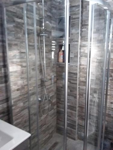 a shower with glass doors in a bathroom at Villa Joanna 4 in Mesimérion