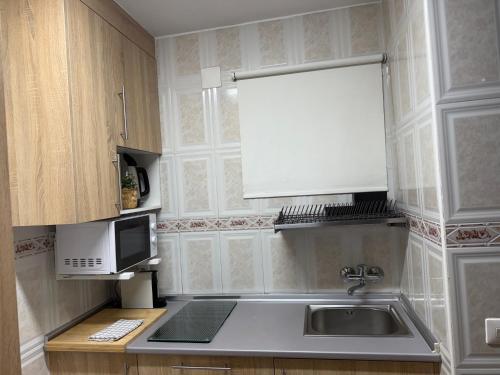 een keuken met een spoelbak en een magnetron bij Apartments Benalmadena in Benalmádena