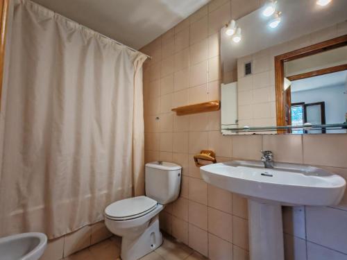 ein Badezimmer mit Toilette, Waschbecken und Spiegel in der Unterkunft Ambiente cálido y luminoso- Confort rústico - Falcó 5 in Pla de l'Ermita