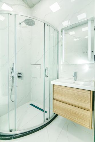 ein Badezimmer mit Dusche und Waschbecken in der Unterkunft VIP Apartment LEOPARD in Baku