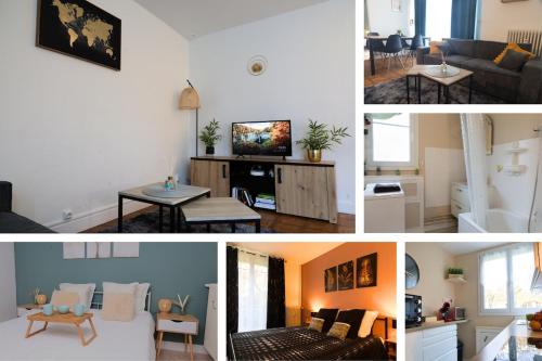 a collage of four pictures of a living room at Le Beauregard, 2 chambres, Hyper Centre de Beauvais in Beauvais