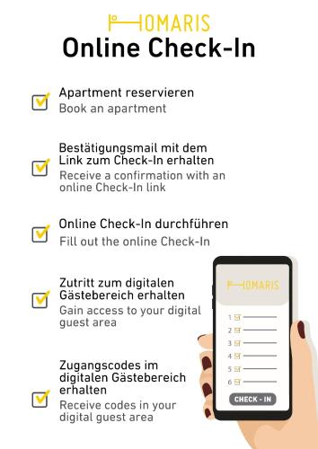 a hand holding a cell phone with an online check in at Homaris Rummelsburg Studios in Berlin