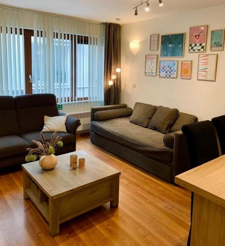 奥斯坦德Relaxed coastal stay - steps from beach & center的带沙发和咖啡桌的客厅