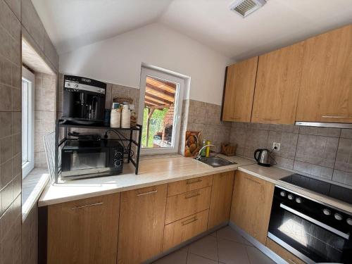 a kitchen with wooden cabinets and a sink and a microwave at Elitegasthaus Moieciu A in Moieciu de Jos