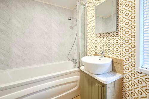 Barmby on the MoorにあるFoxglove Lodge with Hot Tubの洗面台、浴槽、鏡のあるバスルーム