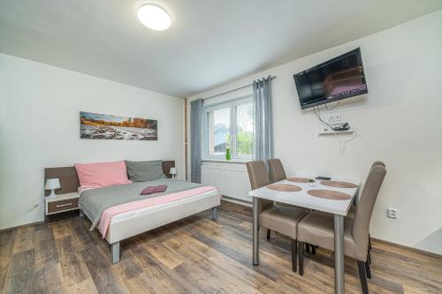 a bedroom with a bed and a table and a tv at Apartmany Agatha in Loučná nad Desnou