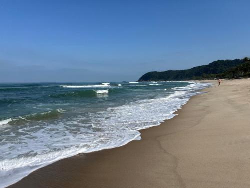 - une plage donnant sur l'océan et une personne qui s'y promet dans l'établissement Condo frente mar, à Barra do Una