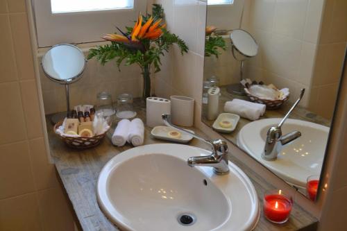 a bathroom counter with a sink and a mirror at A Arribana in Nordestinho