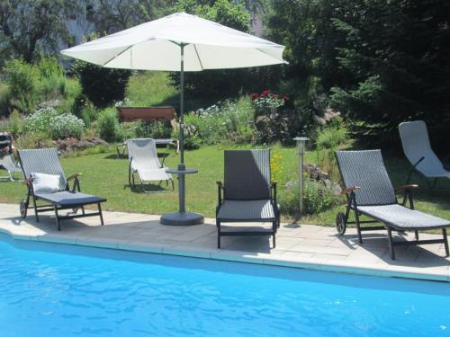 a group of chairs and an umbrella next to a pool at Ferienwohnung In Bayerisch Eisenstein Mit Garten in Bayerisch Eisenstein