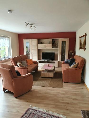 a living room with two couches and a tv at Naturblick in Berndorf