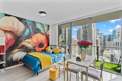 a bedroom with a mural of flowers on the wall at Miami Penthouse Infinity Pool in Miami