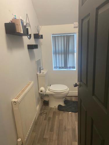 a bathroom with a toilet and a window at wellington stay home in Wellington