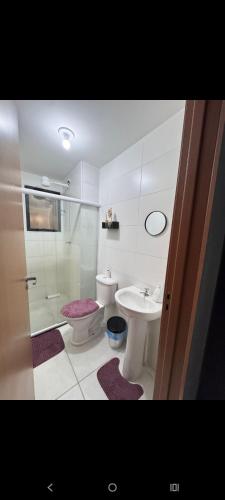 a bathroom with a sink and a toilet and a shower at Apartamento Caruaru bem localizado in Caruaru