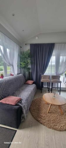 a bedroom with a bed and a coffee table at Lion Sauna in Vydmantai