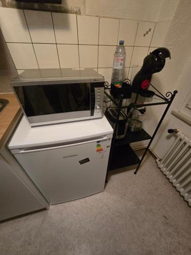 un microondas sobre una nevera en Central studio apartment gratis Parkplatz, en St. Gallen