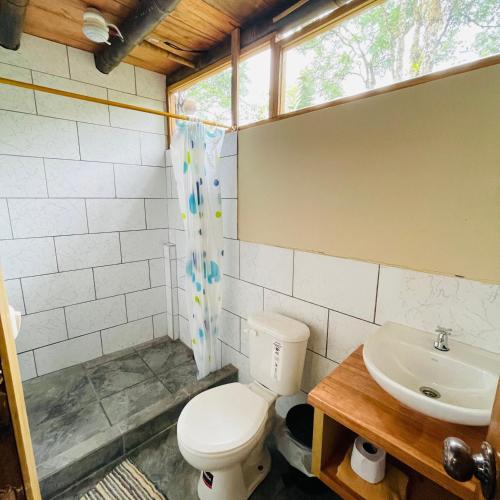 a bathroom with a toilet and a sink at Eden Treehouse in Mindo