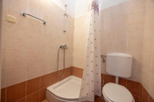 a bathroom with a toilet and a shower curtain at Apartment Igrane 311b in Igrane
