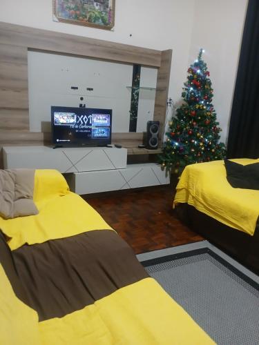 Casa com piscina praia grande Beach House في برايا جراندي: غرفة معيشة مع شجرة عيد الميلاد وتلفزيون