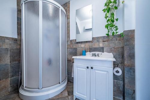 a bathroom with a shower and a white sink at Le 1871 séjour champêtre et lumineux et Mauricie in Shawinigan