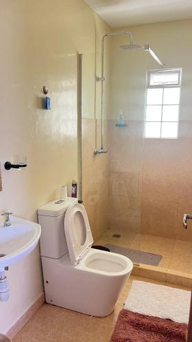 a bathroom with a toilet and a glass shower at Frost Homes in Eldoret