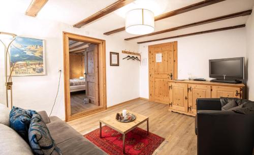 サメーダンにあるChesa Treigのソファとテレビのあるリビングルーム